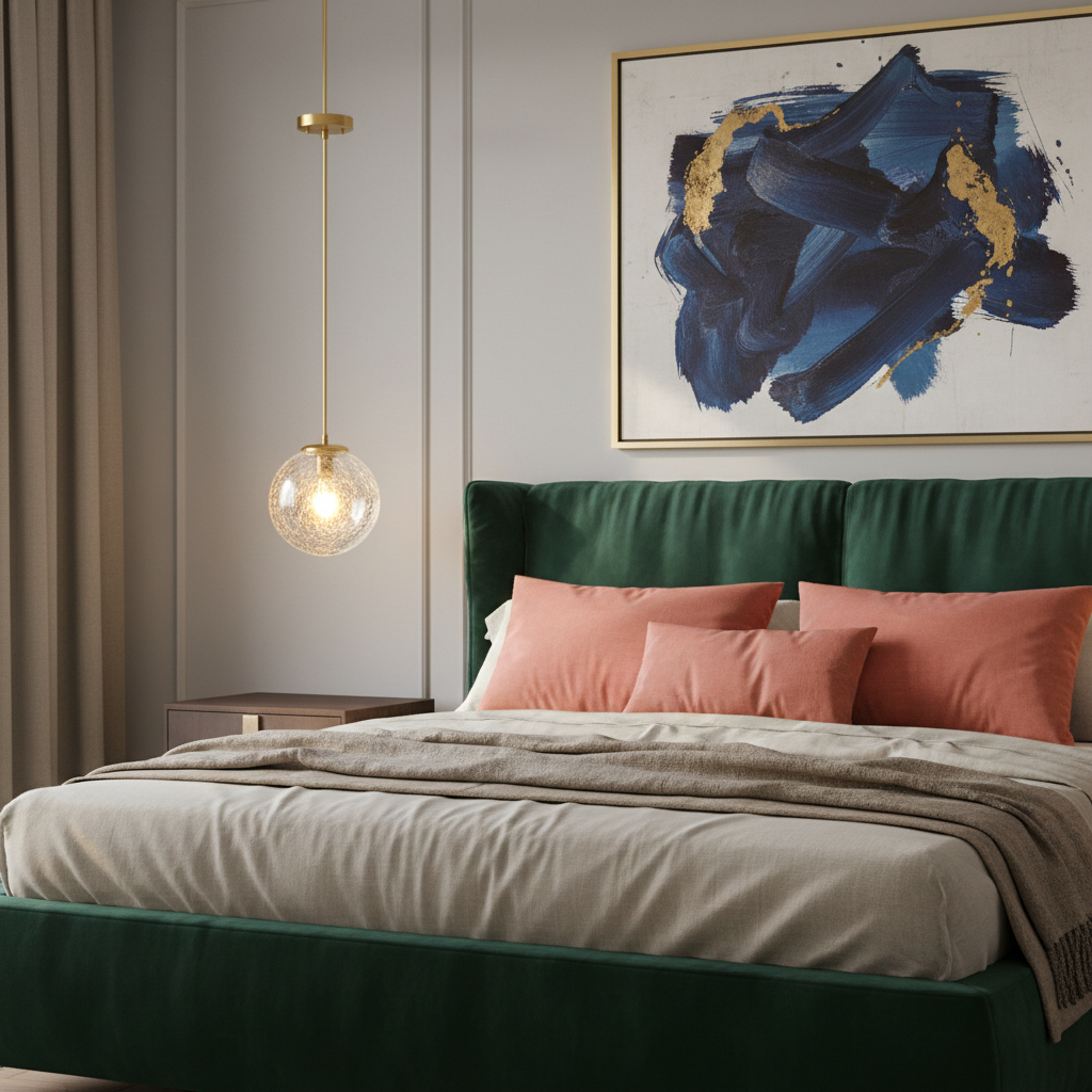 Aurelia polished brass pendant light glowing beside a colorful modern bedroom