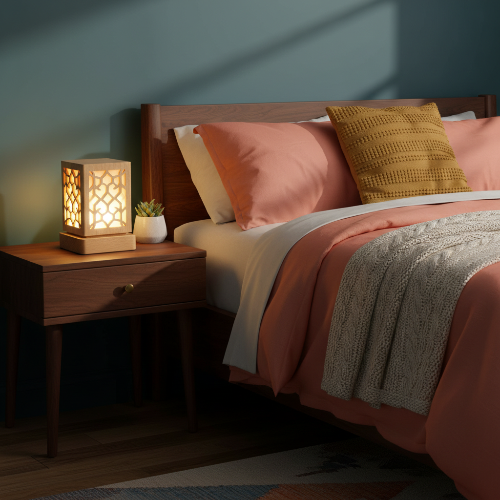 Luma geometric wood table lamp glowing on a colorful bedroom bedside table