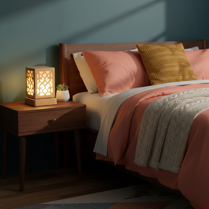 Luma geometric wood table lamp glowing on a colorful bedroom bedside table