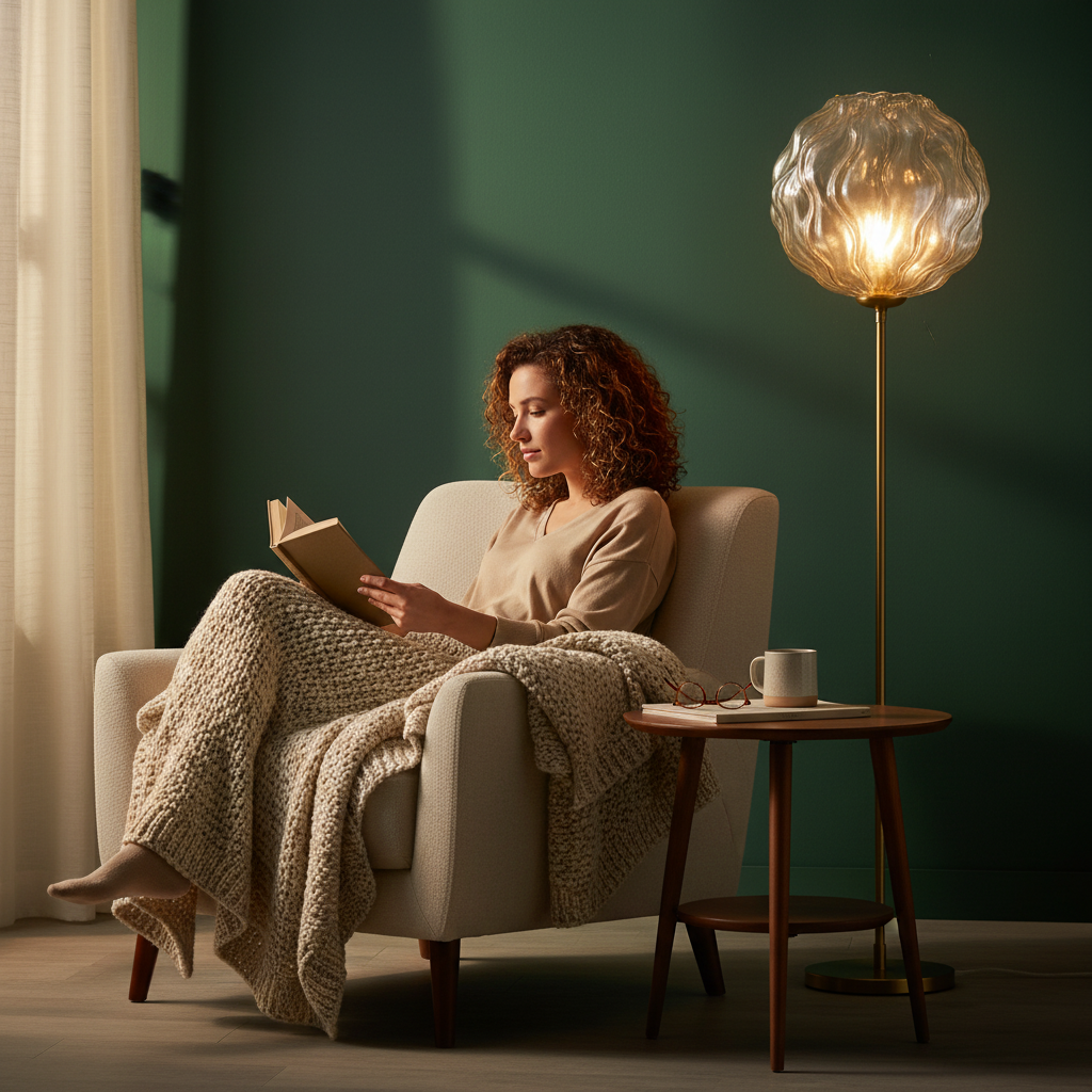 Person reading beside a glowing gold-tone ripple glass globe floor lamp