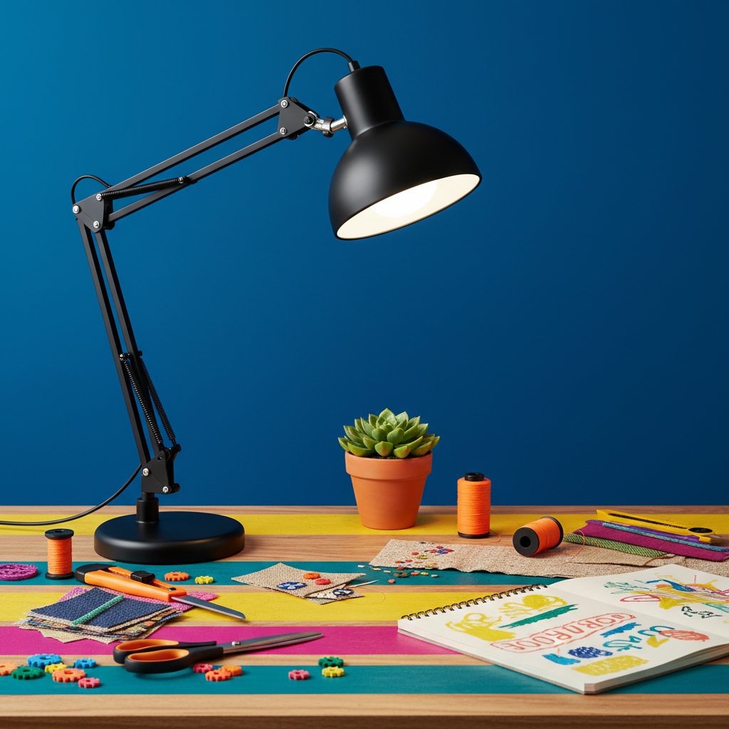 Pivot Arc black spring arm desk lamp on a colorful maker table