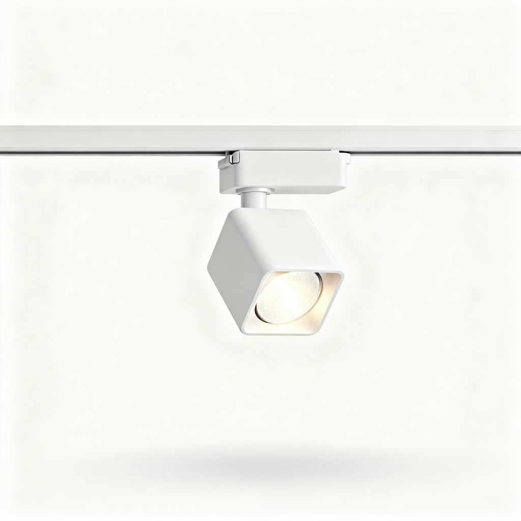 AeroTrack white adjustable spotlight on a black track against a white background