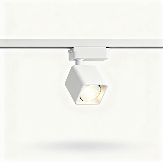 AeroTrack white adjustable spotlight on a black track against a white background