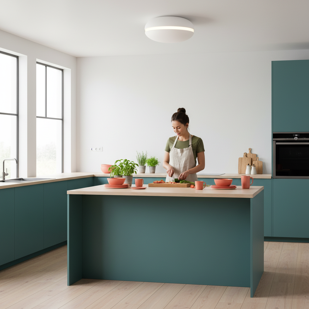Person preparing food beneath the HaloDisc round white flush ceiling light in a colorful kitchen