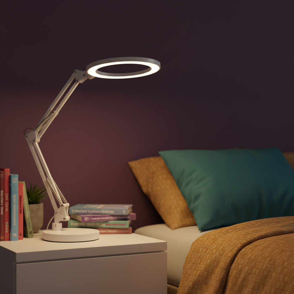 Lumina Flex white articulated ring desk lamp in a colorful bedroom workspace