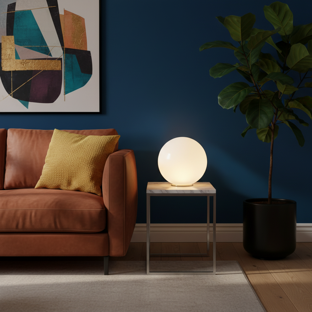 Orbelle glowing white sphere lamp on a colorful living room side table