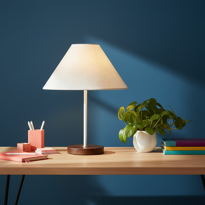Arden table lamp with white shade and walnut base on a colorful home office desk