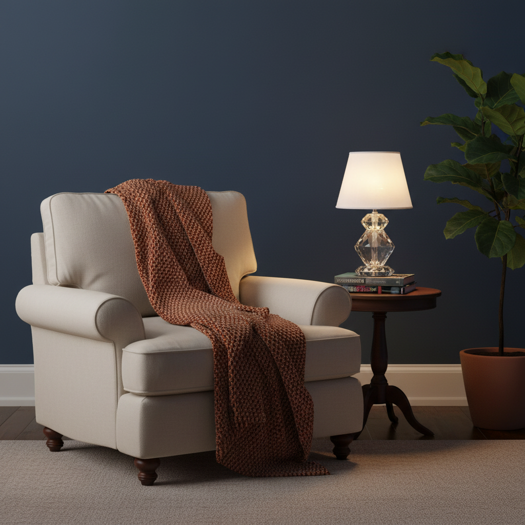 Prismelle faceted crystal table lamp beside a colorful reading chair