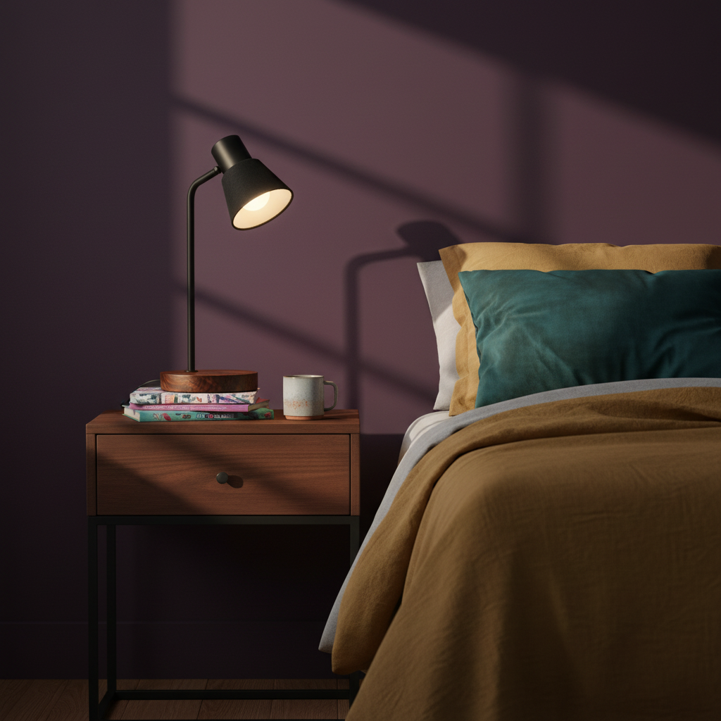 Cedar Arc black desk lamp with wood base on a colorful bedroom bedside table