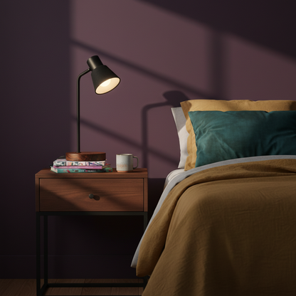 Cedar Arc black desk lamp with wood base on a colorful bedroom bedside table