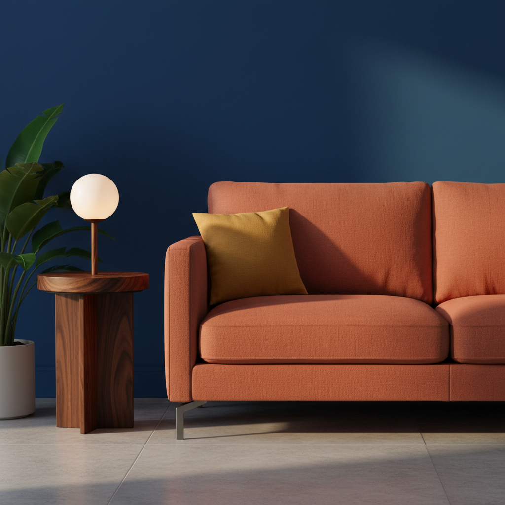 Walnut-tone orb table lamp styled in a colorful living room