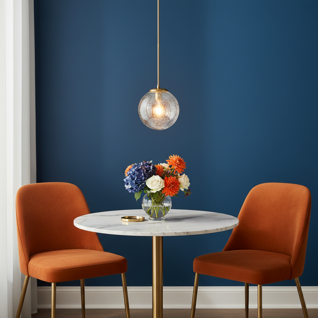 Aurelia polished brass pendant light above a colorful dining nook