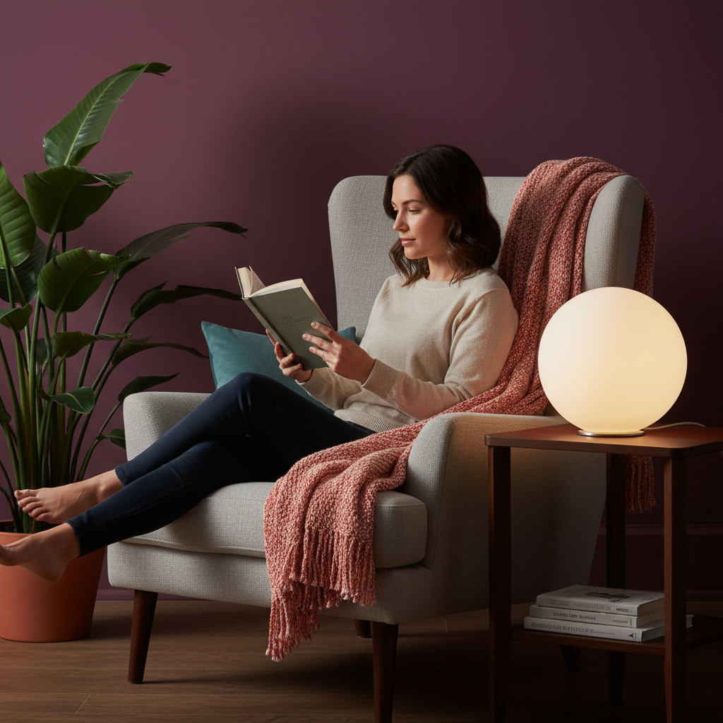 Person reading beside the Orbelle glowing white sphere table lamp in a colorful reading corner