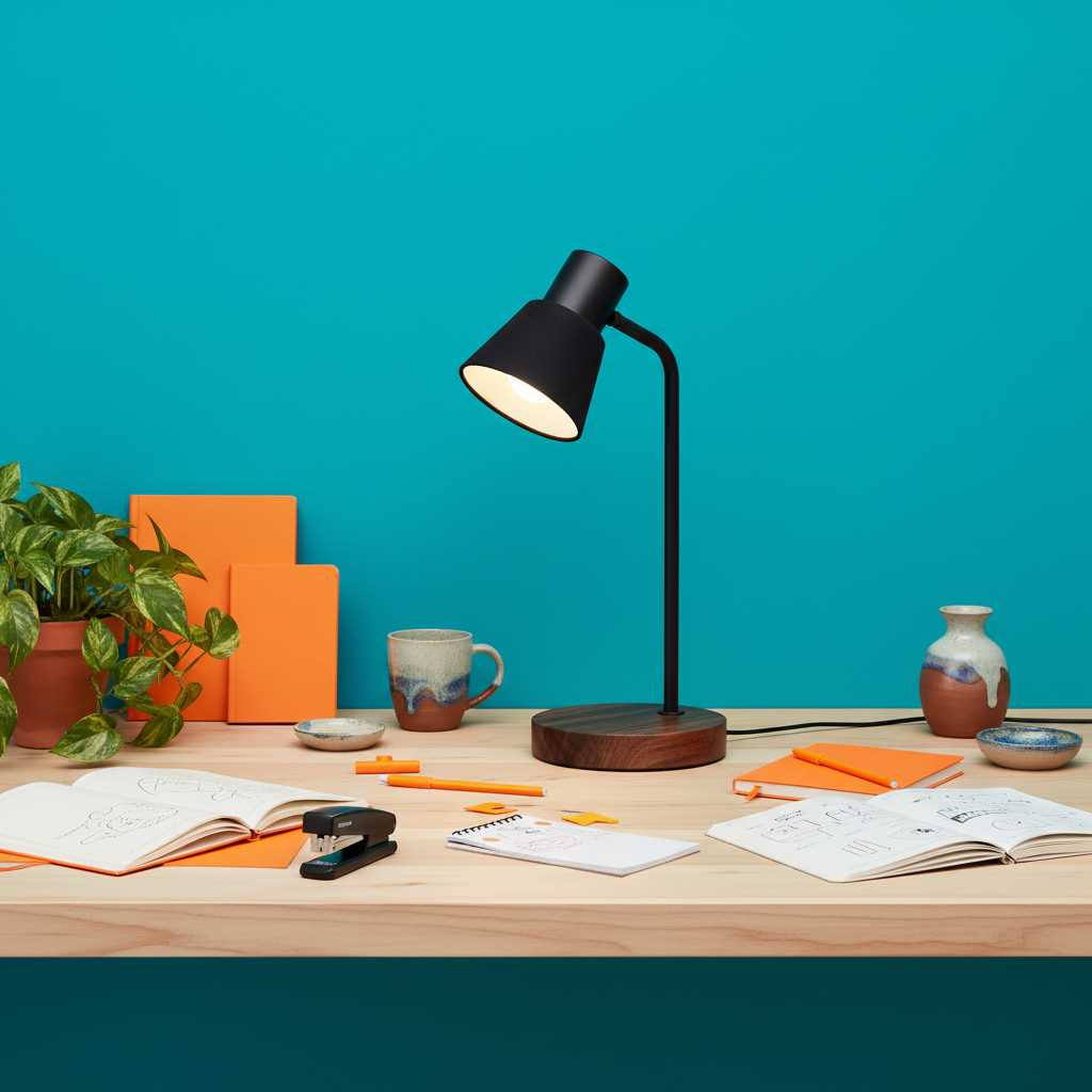 Cedar Arc black wood-base table lamp on a colorful creative desk
