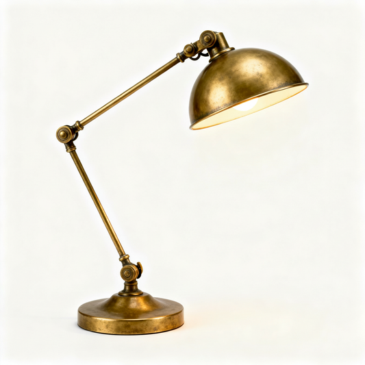 Vintage brass adjustable desk lamp with dome shade on a white background