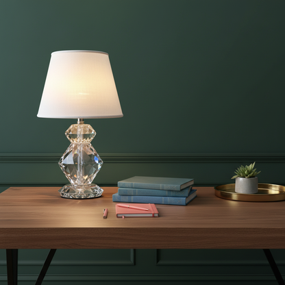 Prismelle crystal table lamp with soft shade on a colorful home office desk