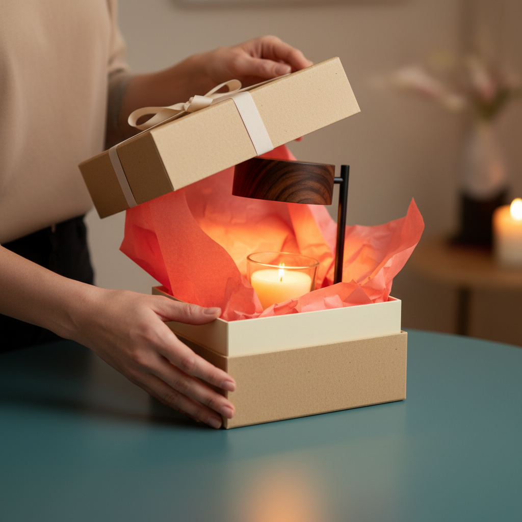 Hands opening a gift box containing the wood-tone candlelight table lamp