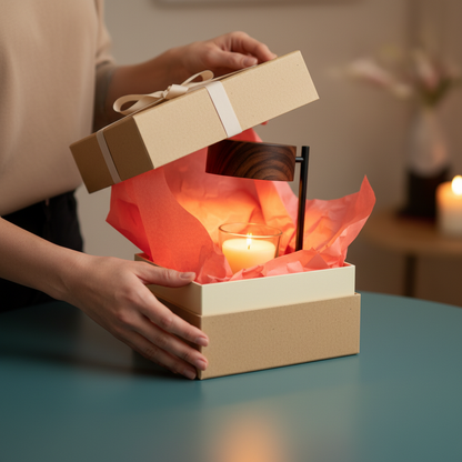 Hands opening a gift box containing the wood-tone candlelight table lamp
