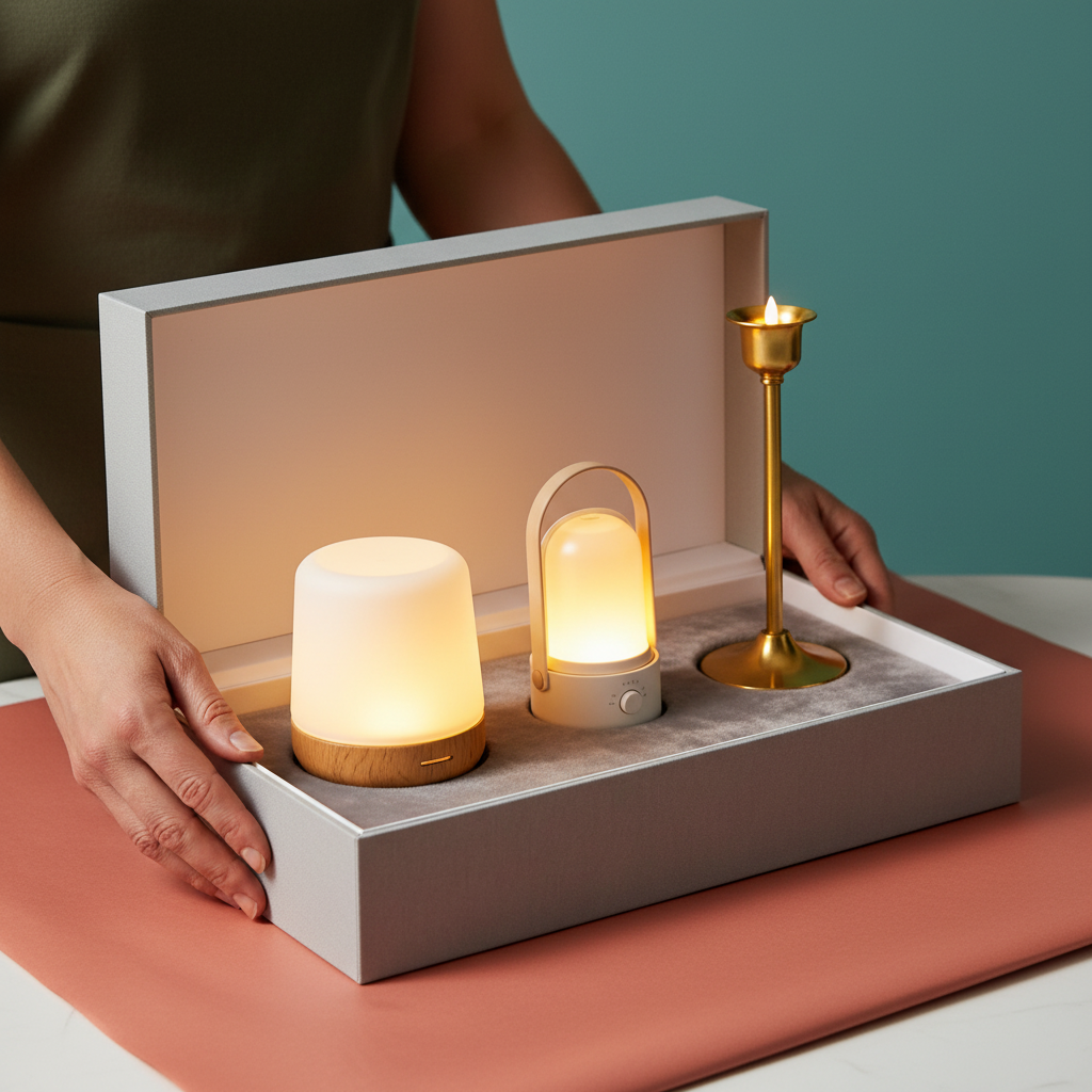 Adult hands opening a presentation box containing three glowing portable lamps