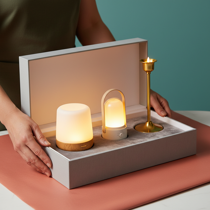 Adult hands opening a presentation box containing three glowing portable lamps
