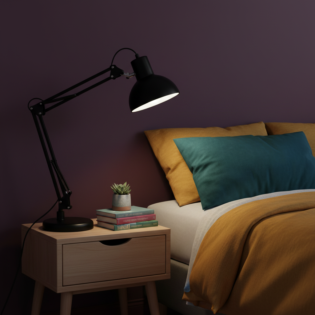 Pivot Arc black articulated desk lamp on a colorful bedroom workspace