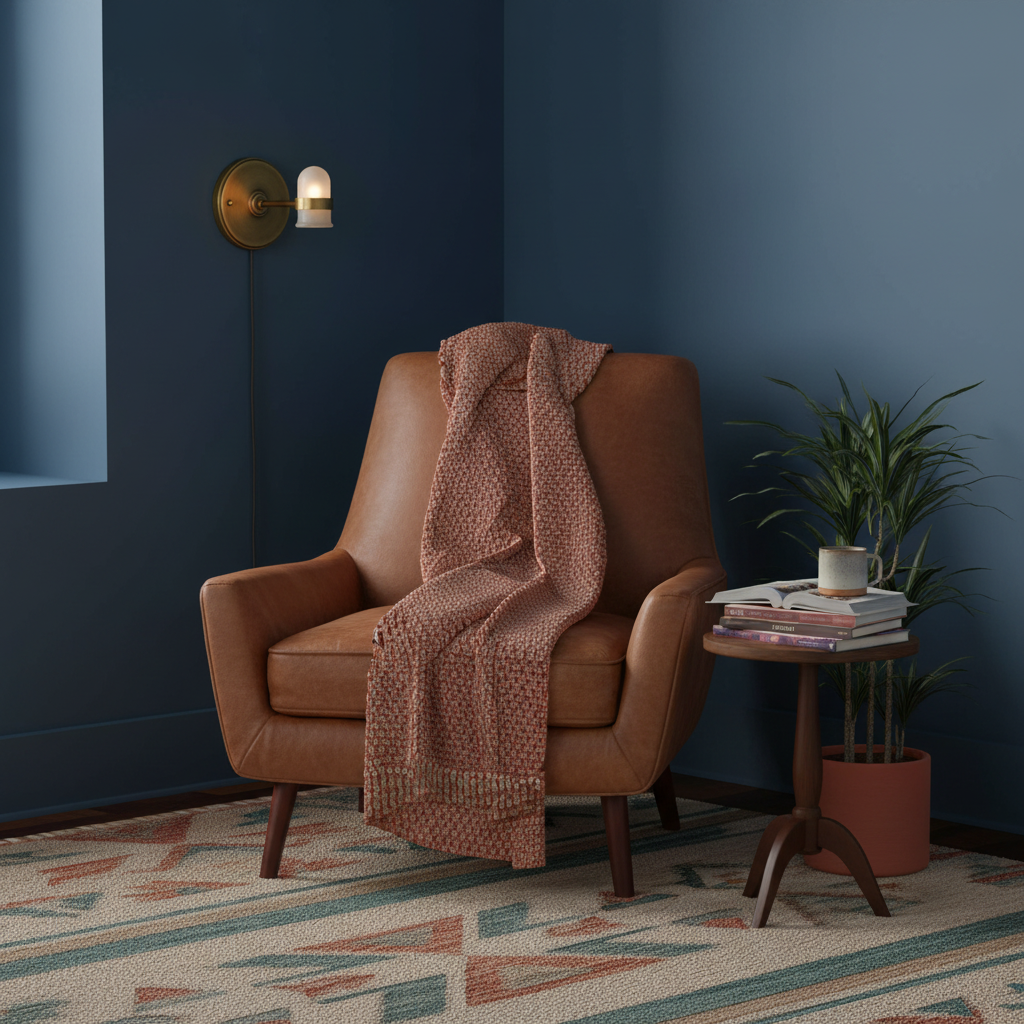 Halo antique brass wall light beside a colorful reading chair