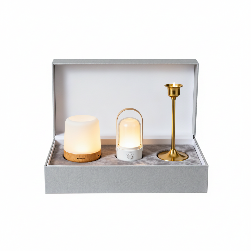 Three-piece portable lamp gift set in an open white presentation box on a white background