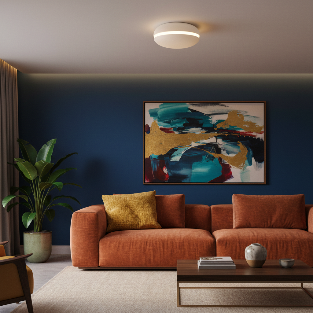 HaloDisc round white ceiling light with warm band in a colorful living room