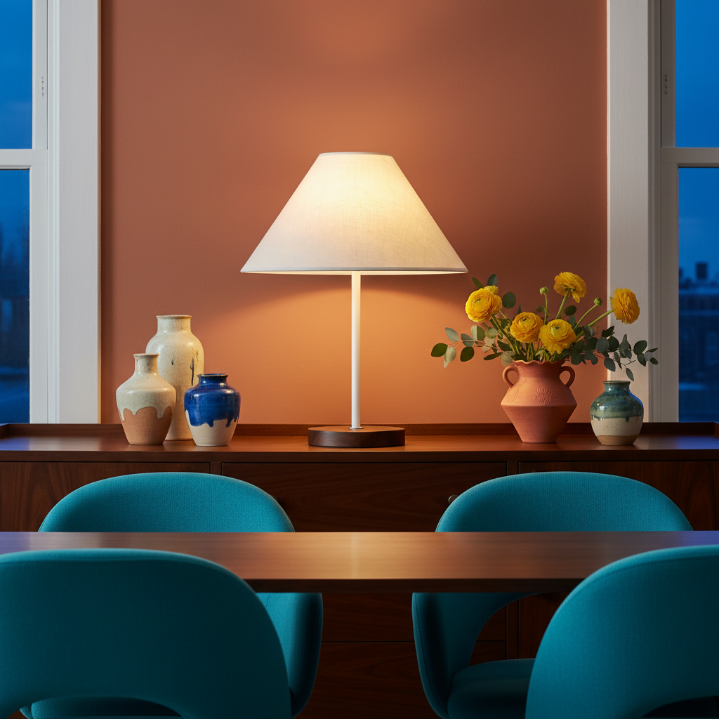 Arden white shade table lamp on a colorful dining room sideboard