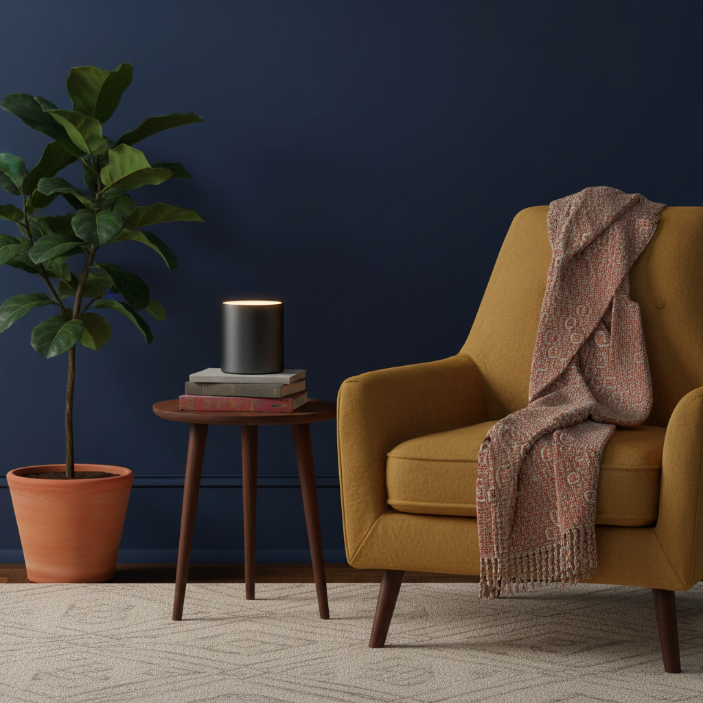 Noir Halo warm black table lamp in a colorful reading nook