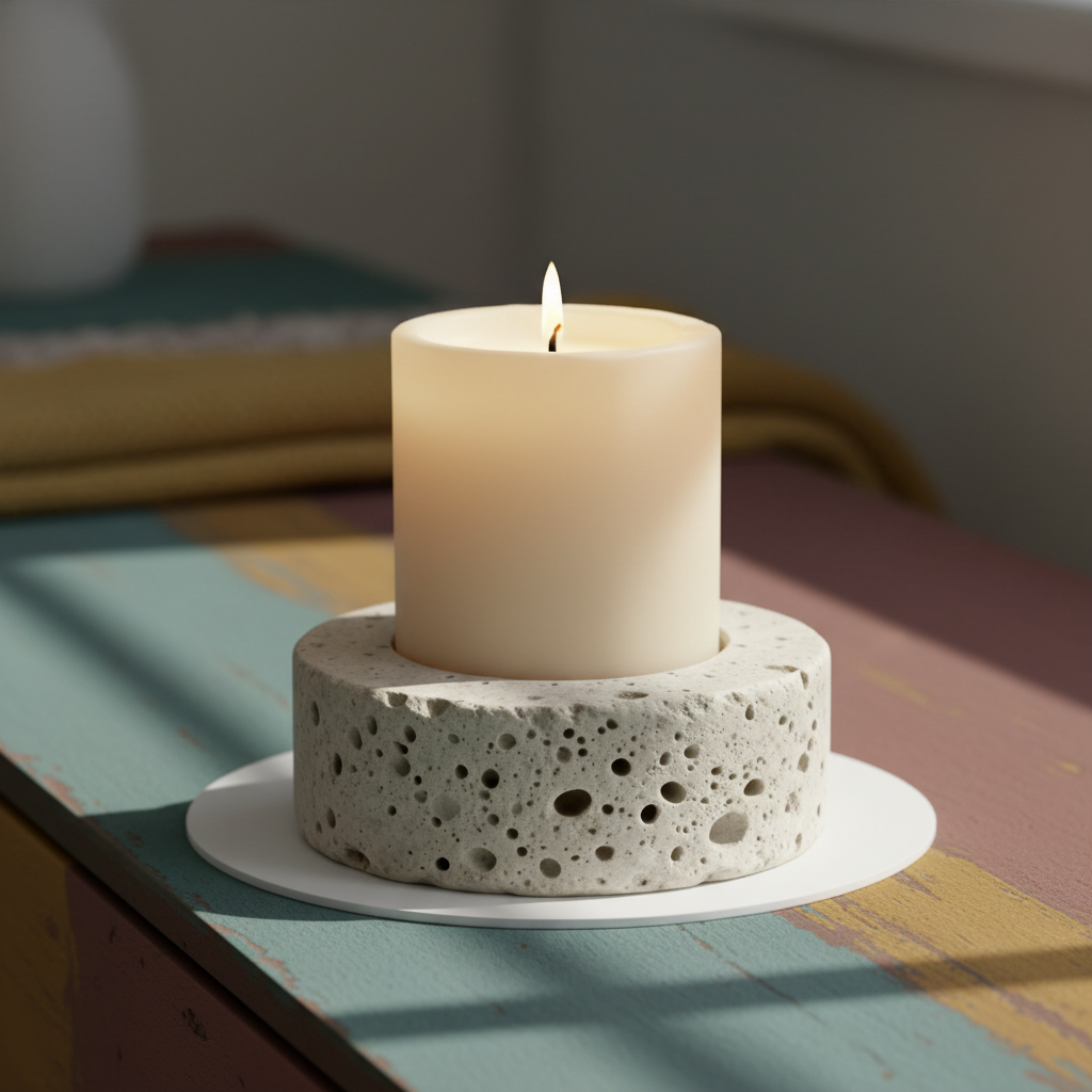 Close-up detail of the porous stone texture and cream pillar candle