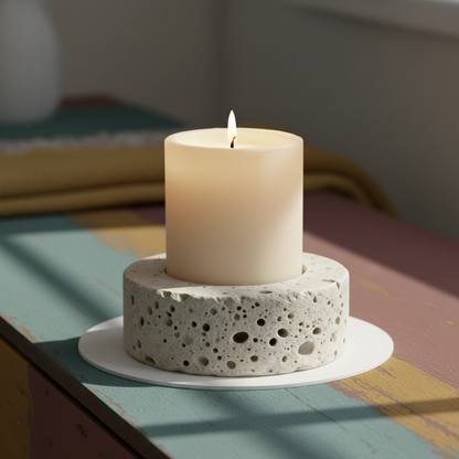 Close-up detail of the porous stone texture and cream pillar candle