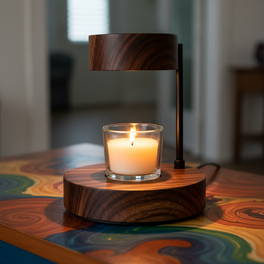Close-up detail of the wood-tone candlelight table lamp, glass vessel and rounded shade