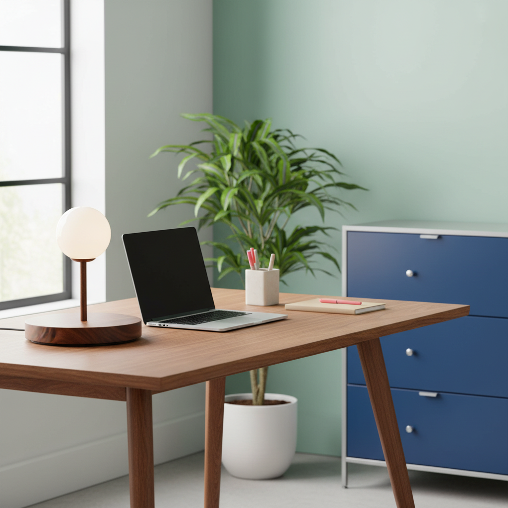 Walnut-tone orb table lamp styled in a bright home office