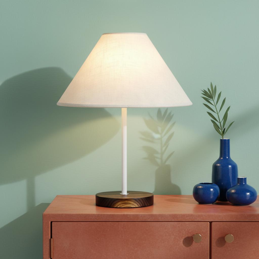 Close-up of the Arden white shade, white stem, and dark wood base with visible grain