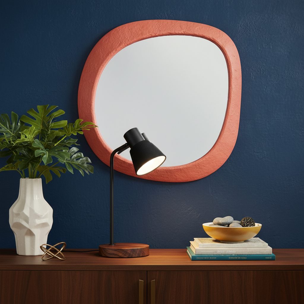 Cedar Arc black desk lamp with walnut base on a colorful entryway console