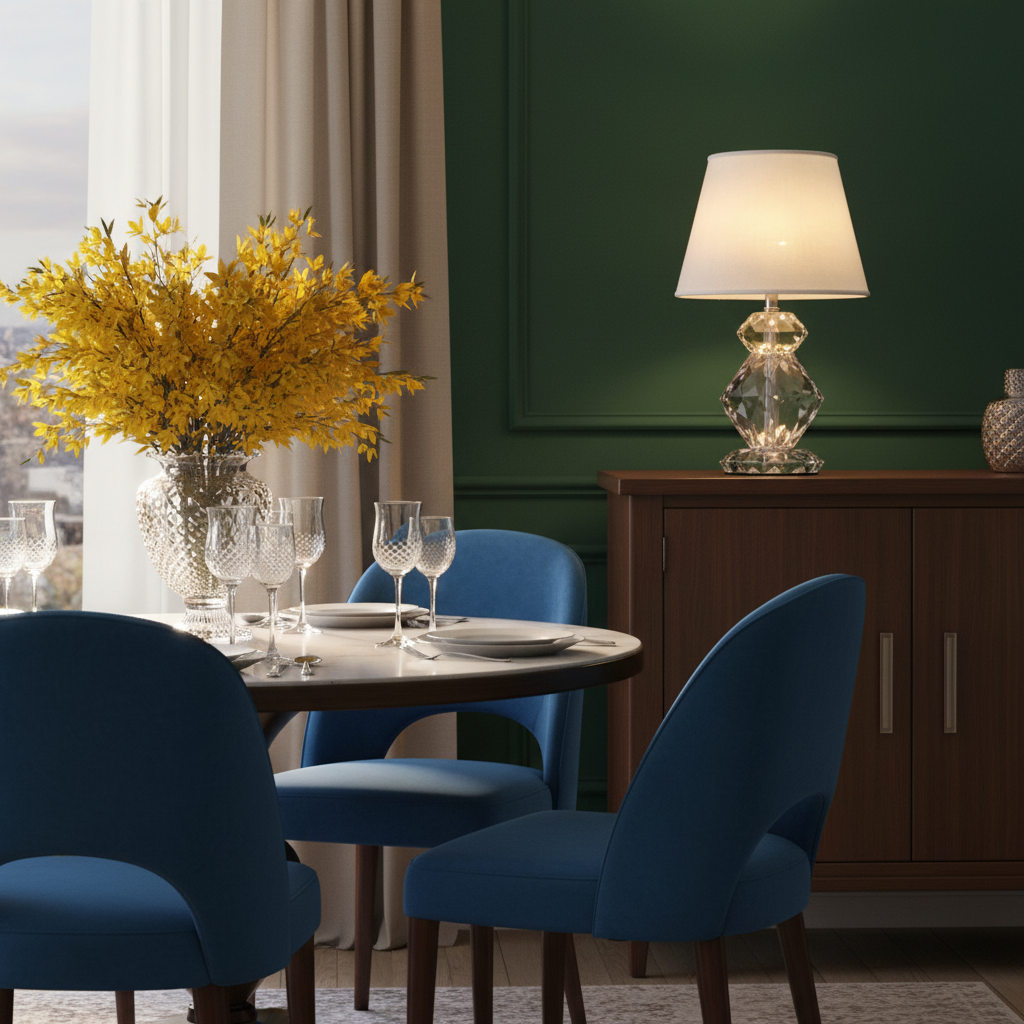 Prismelle faceted crystal table lamp on a colorful dining room sideboard