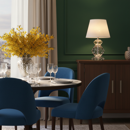 Prismelle faceted crystal table lamp on a colorful dining room sideboard