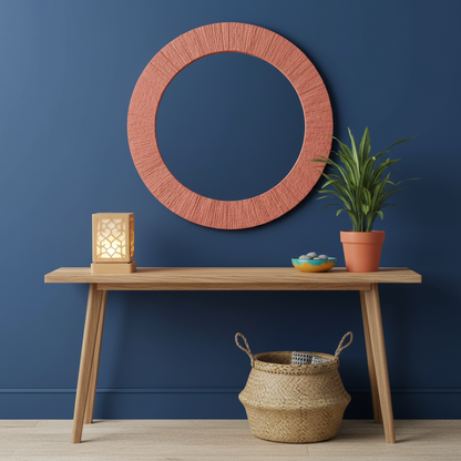 Luma geometric wood table lamp styled on a colorful entryway console