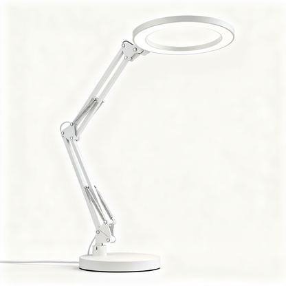 Lumina Flex white adjustable ring desk lamp with spring arm on a white background