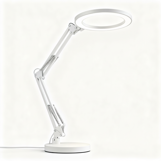 Lumina Flex white adjustable ring desk lamp with spring arm on a white background