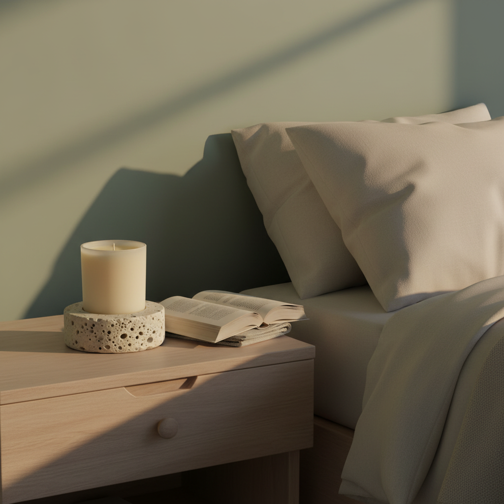 Porous stone candle holder styled on a bedroom bedside table