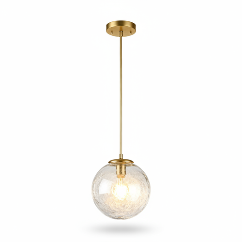 Aurelia polished brass pendant light with a clear crackled glass globe on a white background