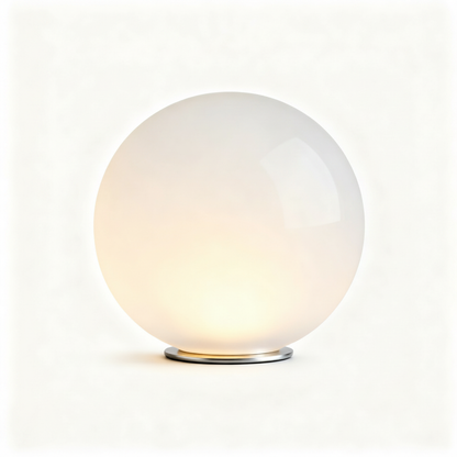 Orbelle glowing white sphere table lamp with a slim silver base on a white background