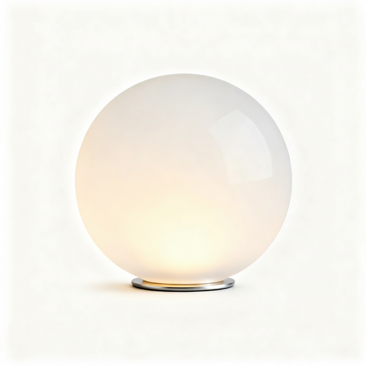 Orbelle glowing white sphere table lamp with a slim silver base on a white background