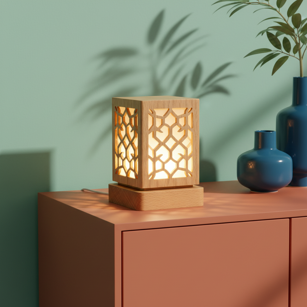 Close-up of the Luma geometric lattice wood lamp showing warm light and wood grain