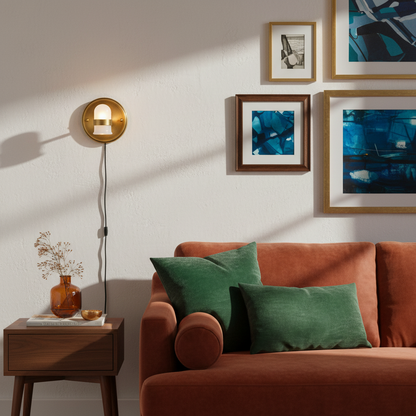 Halo antique brass wall sconce beside colorful living room artwork