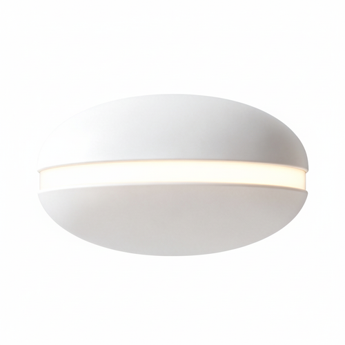 HaloDisc low-profile round white flush ceiling light with warm glowing band on a white background