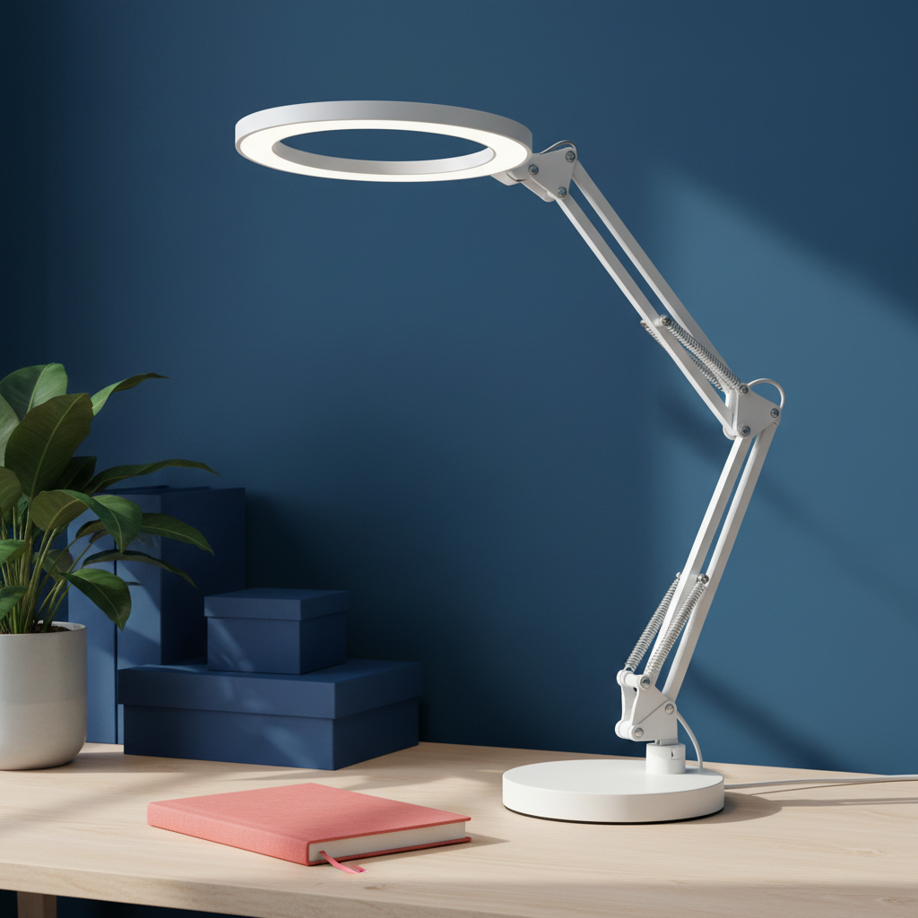 Lumina Flex white ring desk lamp on a colorful home office desk