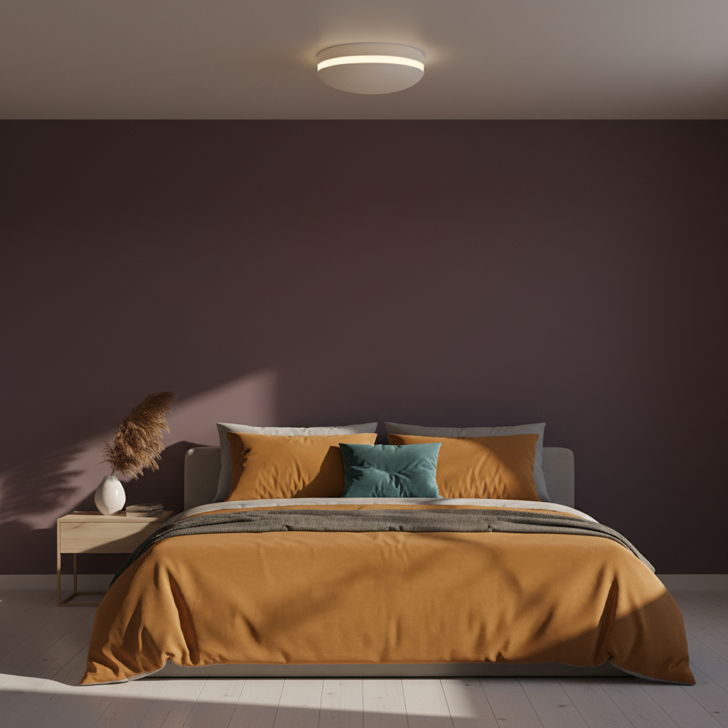 HaloDisc low-profile ceiling light glowing above a colorful bedroom